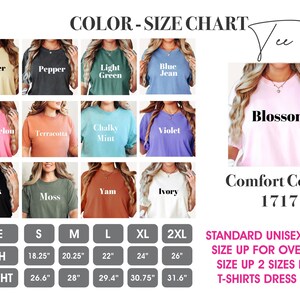 Peut inclure: Tableau des couleurs et tailles pour les t-shirts Comfort Colors 1717. Comprend des &eacute;chantillons de couleurs : Beurre, Poivre, Vert Clair, Jean Bleu, Past&egrave;que, Terre cuite, Menthe Crayeuse, Violet, Noir, Mousse, Igname et Ivoire. Tailles de S &agrave; 2XL, mesures en pouces.