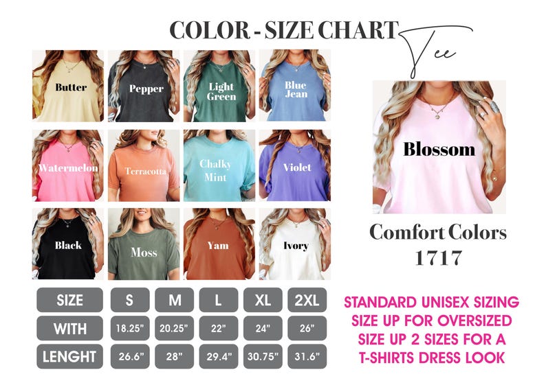 Peut inclure: Tableau des couleurs et tailles pour les t-shirts Comfort Colors 1717. Comprend des &eacute;chantillons de couleurs : Beurre, Poivre, Vert Clair, Jean Bleu, Past&egrave;que, Terre cuite, Menthe Crayeuse, Violet, Noir, Mousse, Igname et Ivoire. Tailles de S &agrave; 2XL, mesures en pouces.