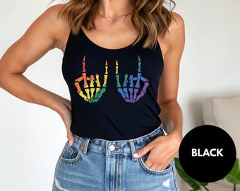 Rainbow Skeleton Hands Pride Tank Top, Spooky Summer Tee