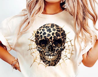Comfort Colors® Leopard Skull Shirt, Spooky Gothic Tee | Golden Spiderweb Graphic