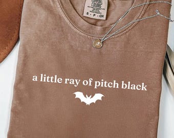 May include: A brown short-sleeved t-shirt with a crew neckline and a Comfort Colors brand label. The front features the white text "a little ray of pitch black" above a white graphic of a bat. A thin silver-toned chain necklace rests on the fabric.