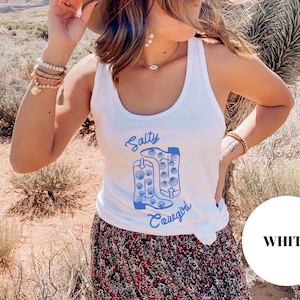 Salty Cowgirl Tank Top Coastal Western Shell Boots Graphic Summer Rodeo Tank for Country Girl Beach Vibes Outfit Women Racerback Tank Top