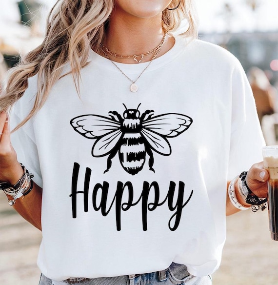 Bee Happy Shirt: Positive Message Tee (Lightweight, Soft Cotton)