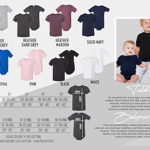 May include: A chart showing different color options for toddler and baby onesies. The onesies are available in sizes 2T, 3T, 4T, and 5T for toddlers and 3-6 months, 6-12 months, 12-18 months, and 18-24 months for babies. The chart also includes the corresponding weight and length for each size. The onesies are made of 100% cotton for solid colors and 52% cotton and 48% polyester for heather colors.