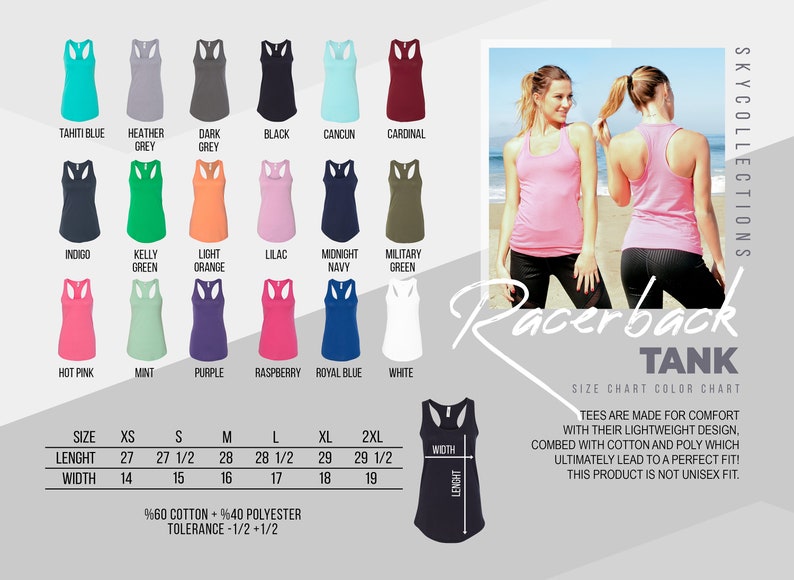 May include: A size chart for racerback tank tops with 20 different colour options. The chart shows the measurements in inches for XS, S, M, L, XL, and 2XL sizes. The text on the chart reads "Racerback Tank" and "Size Chart Colour Chart".