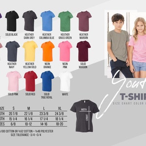 May include: Youth t-shirt size chart with color options. The chart shows different colors of t-shirts, including solid colors and heathers. The chart also includes a size guide with measurements in inches. The chart is labeled "Youth T-Shirt Size Chart Color Chart".