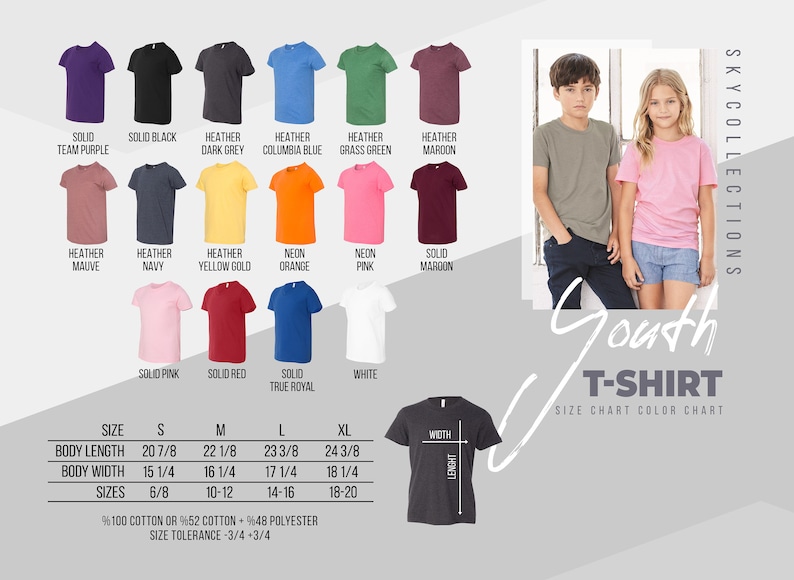 May include: Youth t-shirt size chart with color options. The chart shows different colors of t-shirts, including solid colors and heathers. The chart also includes a size guide with measurements in inches. The chart is labeled "Youth T-Shirt Size Chart Color Chart".