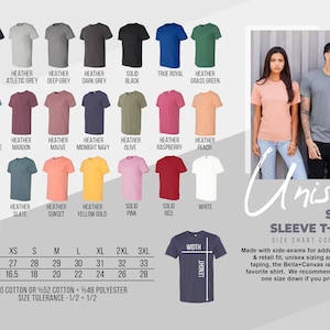 May include: A product image showcasing a variety of unisex short sleeve t-shirts in various colors, including navy, gray, black, blue, green, and pink. The image also includes a size chart with measurements in inches and the text "Unisex Short Sleeve T-Shirt".