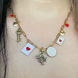 Alice in Wonderland Themed Bronze & Gold Charm Chain Necklace