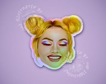 Smiling Spacebuns Girl | 3" Rainbow Holographic Illustrated Vinyl Sticker