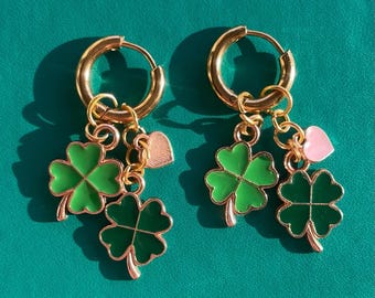 Lucky Four Leaf Clover Gold Huggie Hoop Charm Earrings