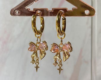 Gold Bow & Pink Heart Charm Earrings | Rhinestone Jewelry Huggie Hoops and Studs