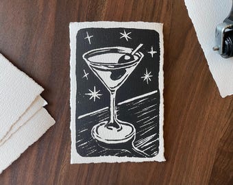 Dirty Martini, Extra Olive | 4x6" Original Hand-Carved Linocut Block Print