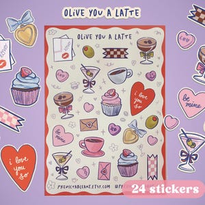 Feuille d'autocollants en vinyle mat Olive You A Latte | Feuille de 24 illustrations dessinées à la main
