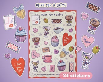 Olive You A Latte Sticker Sheet | 24 Hand-drawn Martini & Coffee Illustrated Vinyl Stickers