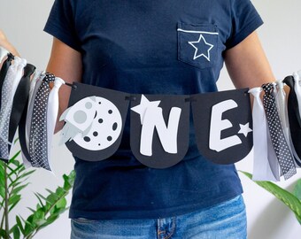Outer Space Birthday Banner Rocket Ship High Chair Bunting Decorations Boy Moon and Astronaut Theme First Party, Black and White Decor
