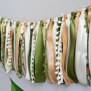 Greenery Ribbon Garland Fabric Tassel Bunting for Rustic Wedding Backdrop Baby Shower First Birthday Gender Neutral Decor