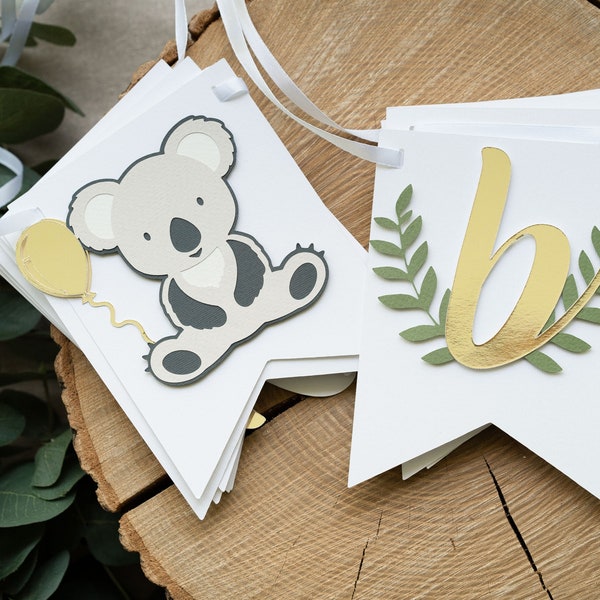 Koala Bear Happy Birthday Banner Personalized with Greenery Boy or Girl 1st Party Decor Rustic Neutral Decor Muted Green Gray Green