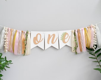One Year Banner Baby Girl First Birthday Rustic High Chair Bunting Decor Green Eukalyptus Leaf Pink Gold Tan
