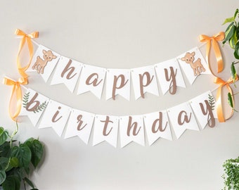 Woodland Deer Happy Birthday Banner One Year Sign Party Decor
