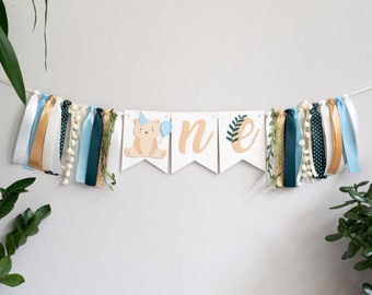 Beary First Birthday Boy High Chair Banner for Teddy Bear Picnic Party Forest Green Blue Brown Decor
