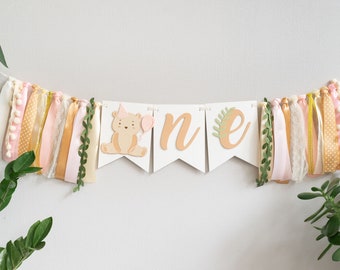 Teddy Bear Picnic First Birthday ONE Year Banner for High Chair with Tassels Baby Girl 1st Anniversary Boho Party Decorations Blush Pink Tan