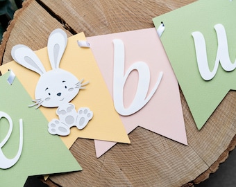 Baby Girl Some Bunny is One First Birthday Banner for 1st Party Muted Pink Yellow Green Easter Decorations