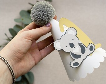 Koala Bear Cone Paper Party Hat for First Birthday or One Year Photo Shoot Gender Neutral Muted Green Grey Gold Decor