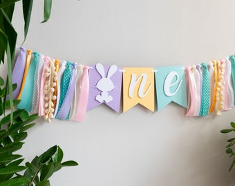 Bunny High Chair Banner Baby Girl Easter 1st Birthday Garland Highchair Sign Decor with Ribbon Tassels Violet Turquoise Pink Yellow
