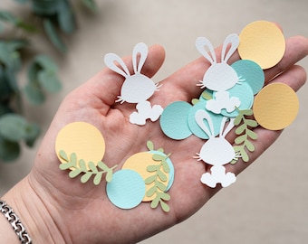 Confetes de coelho para decoração de festa de Páscoa, decoração neutra suave para chá de bebê ou primeiro aniversário, recortes de mesa de bolo suaves