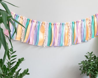 Ribbon Garland with Fabric Tassels Bunting for Spring Easter Party Backdrop or Baby Shower and  First Birthday Violet Turquoise Pink Yellow