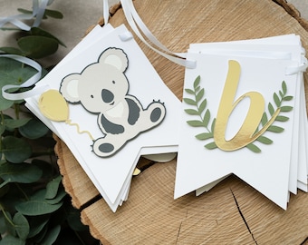 Koala Bear Happy Birthday Banner Personalized with Greenery Boy or Girl 1st Party Decor Rustic Neutral Decor Muted Green Gray Green