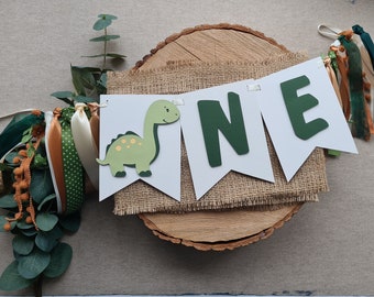 Dinosaur First Birthday Baby Boy High Chair Banner One Year Party Decor Earth Tones