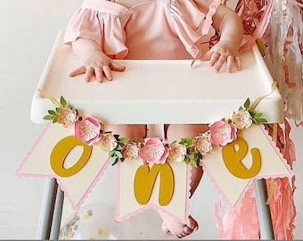 Floral ONE High Chair Banner Erster Geburtstag Mädchen