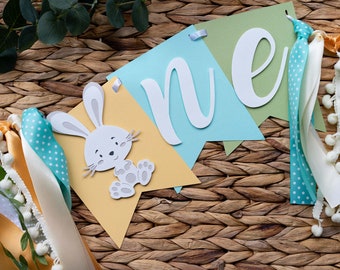 Bunny First Birthday Banner Baby Boy ONE High Chair Decor with Ribbons for 1st Party Yellow Blue Green