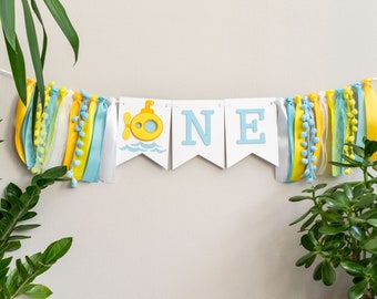 Yellow Submarine First Birthday Banner ONE Year High Chair Garland with Ribbons