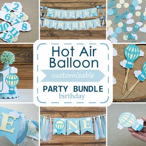 Hot Air Balloon First Birthday Party Bundle Baby Boy Up Up and Away Decor Blue Ivory Cream Decorations
