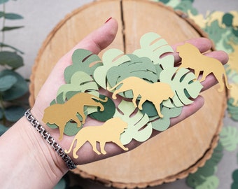 Safari Baby Shower Decoration Lion King Confetti Cutouts for Table Decor Green Gold One Year Sarafi Party & Jungle Birthday Boy Girl Twins