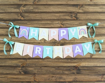 Rainbow Happy Birthday Banner Pastel Colors Girl Party Decorations, Custom Handmade Decor