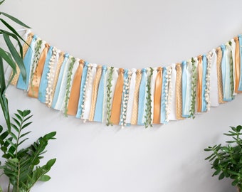 Fabric Tassel Garland Ribbon Bunting Backdrop Decor for Baby Boy Baby Shower or Birthday or Nursery Blue Cream Tan with Greenery