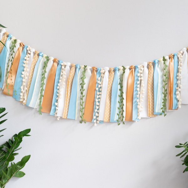 Fabric Tassel Garland Ribbon Bunting Backdrop Decor for Baby Boy Baby Shower or Birthday or Nursery Blue Cream Tan with Greenery