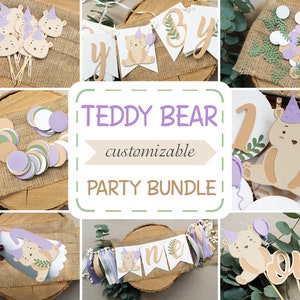 Teddybeer Verjaardagsversieringen Babymeisje 1e First Party Bundel Violet Groen Tan Decor