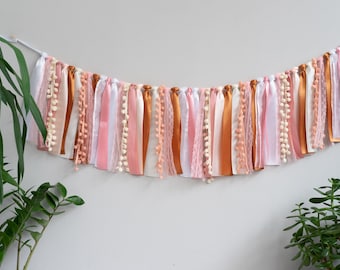 Boho Ribbon Garland with Fabric Tassel for Muted Baby Shower or Bohemian Wedding Backdrop Birthday Bunting Blush Pink Mauve Rose Gold Rust