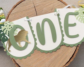Pancarta de primer cumpleaños para bebé niño con diseño de león salvaje, decoración para fiesta de safari en la jungla, verde y dorado