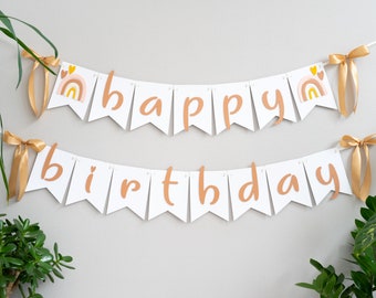 Muted Rainbow Birthday Banner Baby Girl First Boho Party Decor Rust Blush Pink Mustard Cream Paper Sign