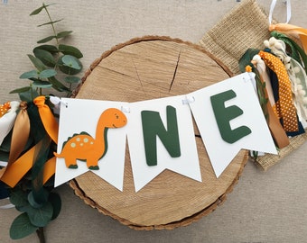 Dino High Chair Banner First Birthday One Year Baby Boy Party Decor Orange Green Dinosaur Decorations