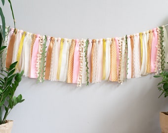 Pink Tan Cream Beige Ribbon Garland with Fabric Tassels for Party Backdrop or Baby Shower Bunting and First Birthday
