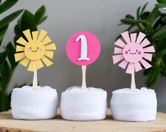 Sunshine Cupcake Toppers 1st Anniversary Baby GIrl Party Table Decor Pink Yellow