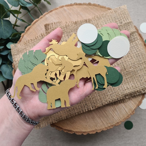 Safari Confetti Decorations Jungle Birthday or Baby Shower Wild Animals Cutouts Gold Green Table Party Decor