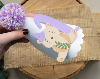 Teddy Bear Party Hat with Pom Pom for 1st Birthday or One Year Photo Shoot Violet Green Tan